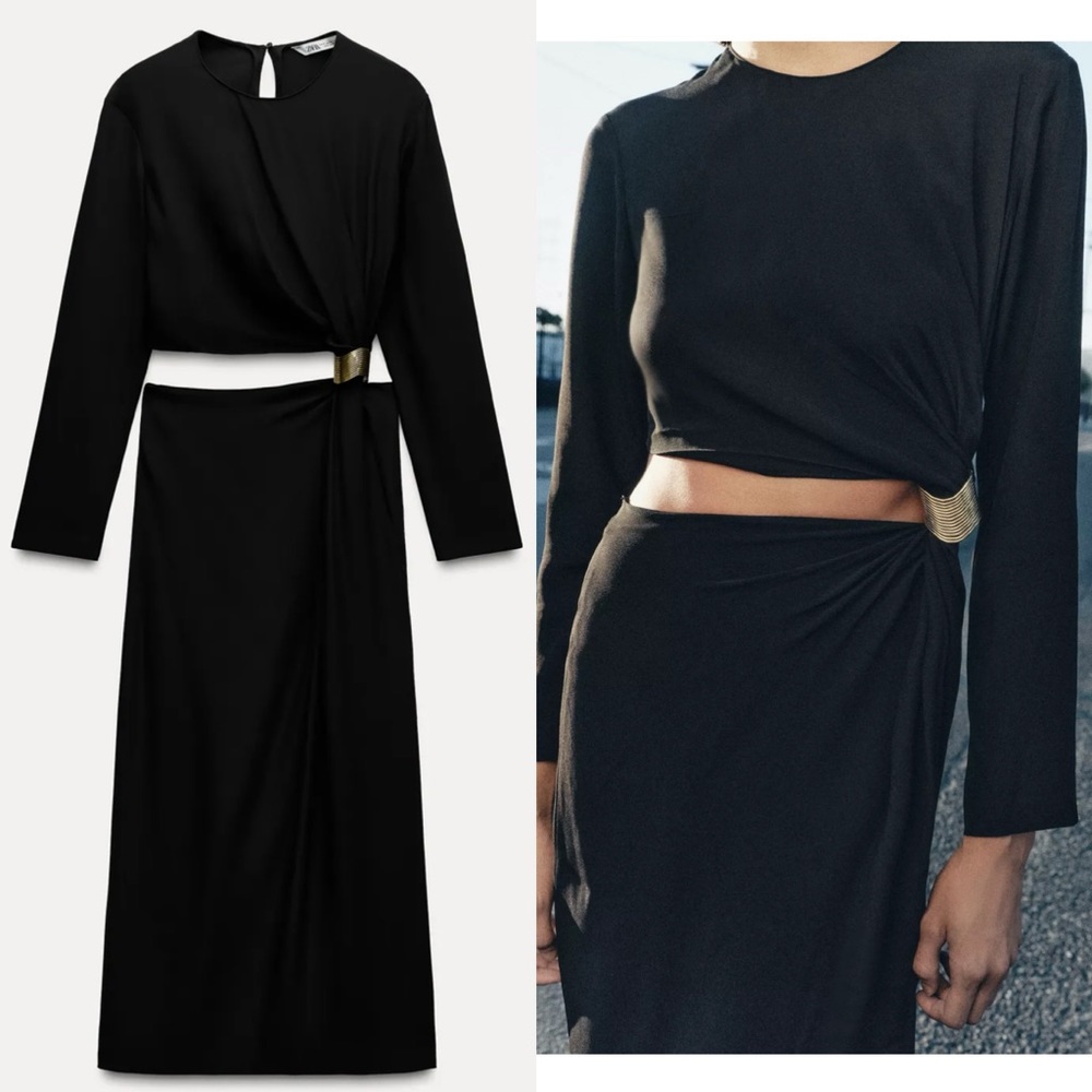 Zara NWT ZW collection black cutout midi dress with gold brooch